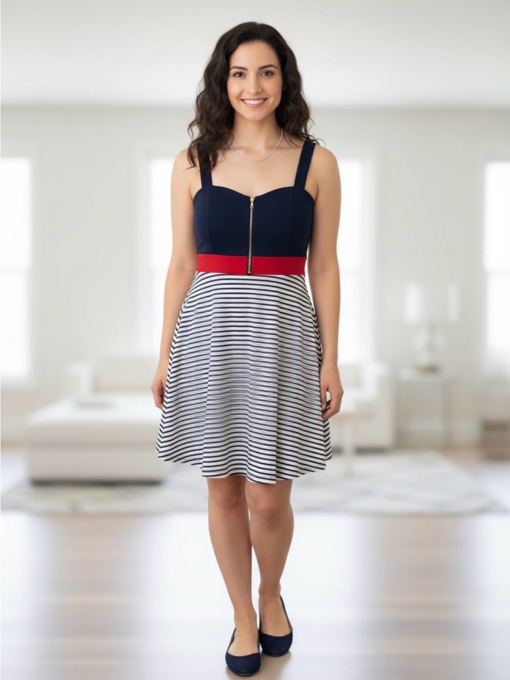 Navy and White Striped Fit-and-Flare Dress with Red Waistband